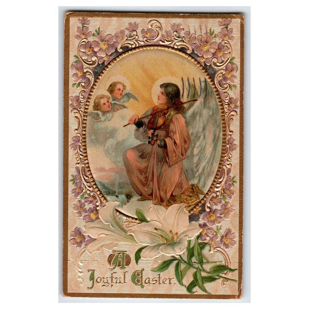 Vintage A Joyful Easter Angel Violin Cherubs Embossed Postcard 1912 Germany